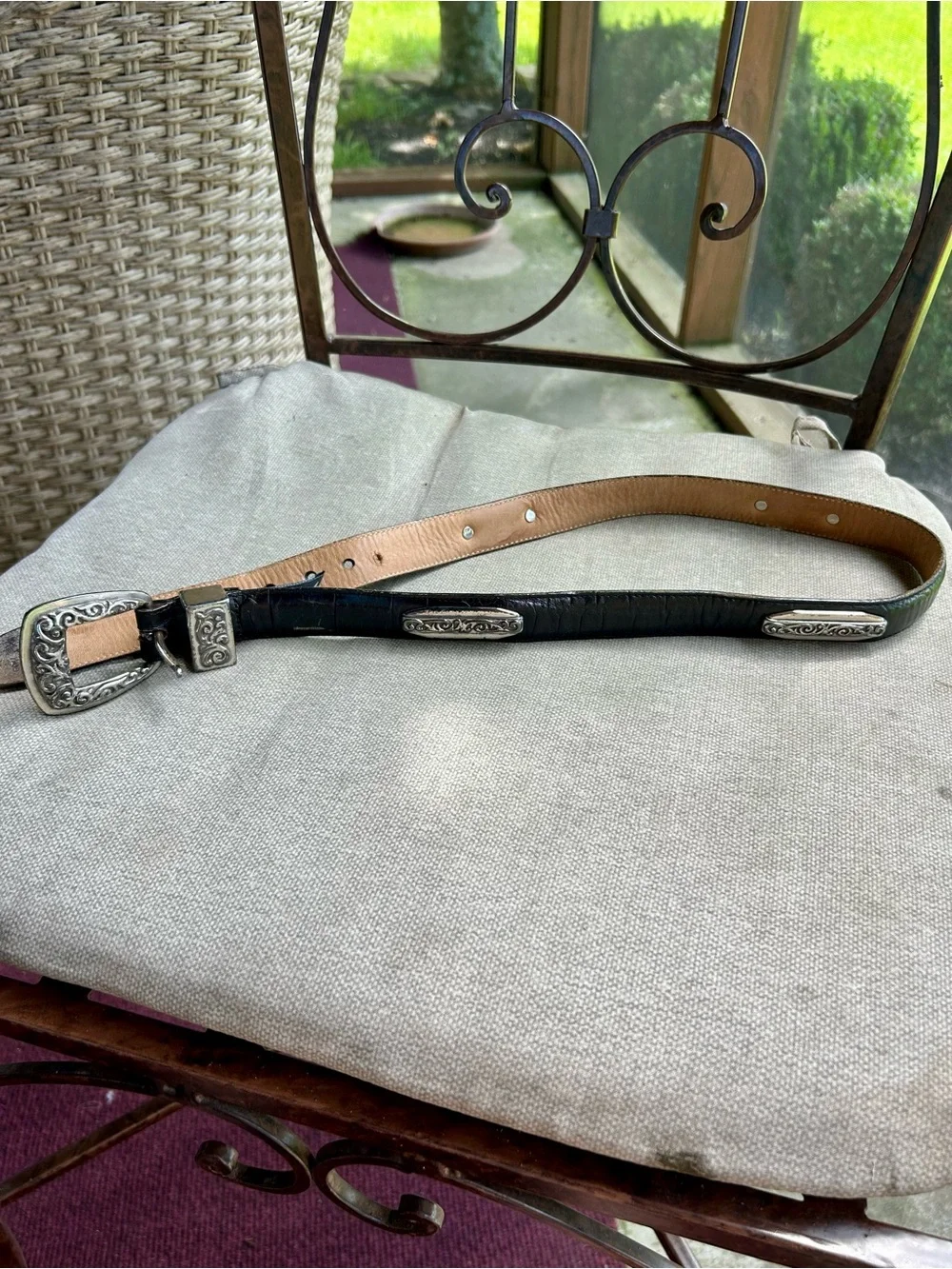 Brighton Vintage Black Leather Western Ranger Belt Silver Engraved Hardware